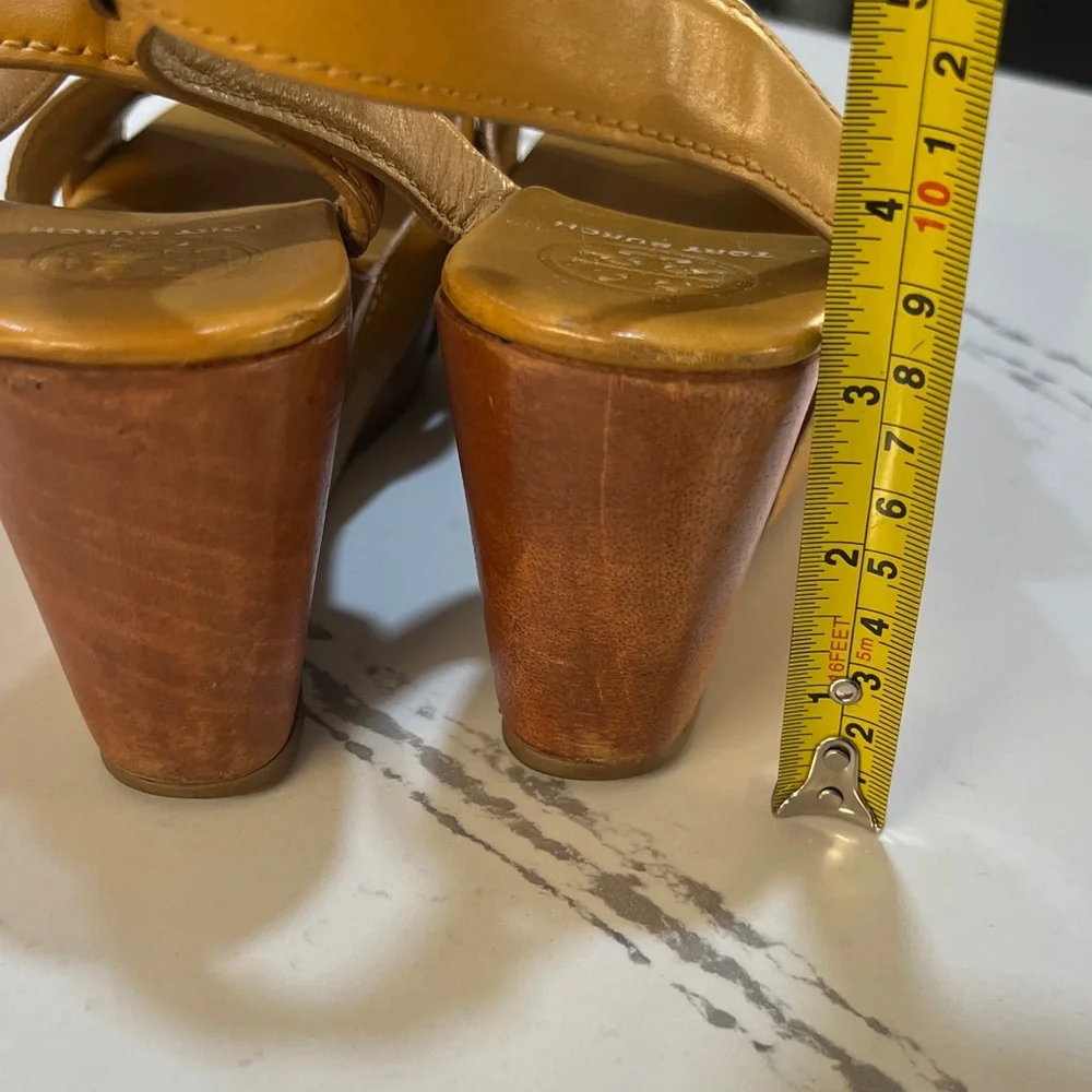 Tory Burch Tan Almita Wood Platform Leather Wedges size 7.5M